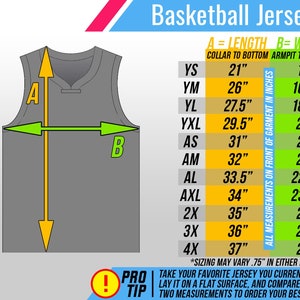 May include: A gray basketball jersey with a size chart. The chart lists measurements in inches for length and width, from YS to 4X. The text reads "Basketball Jersey" and includes a tip to compare measurements.