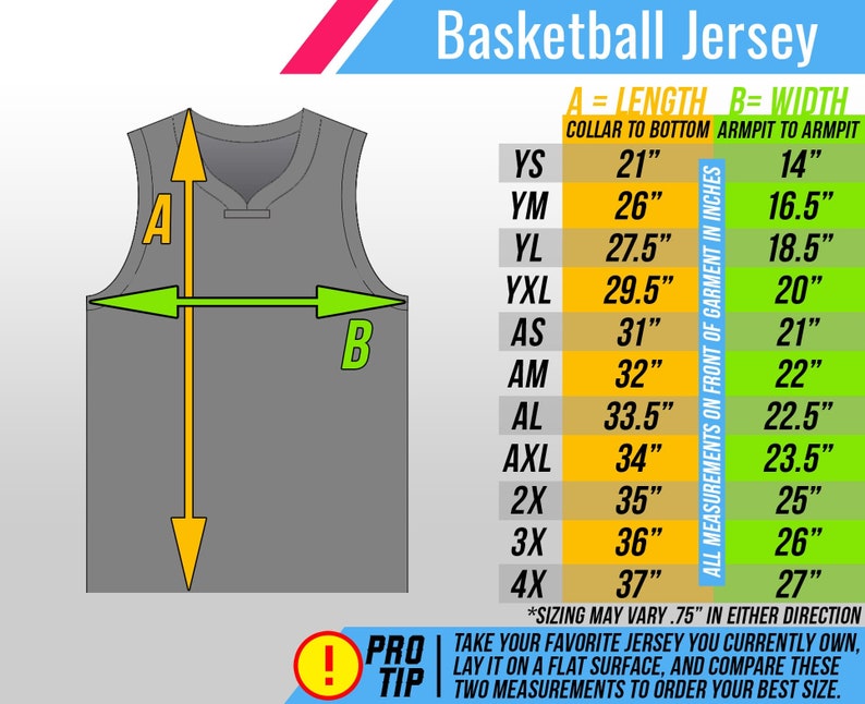 May include: A gray basketball jersey with a size chart. The chart lists measurements in inches for length and width, from YS to 4X. The text reads "Basketball Jersey" and includes a tip to compare measurements.