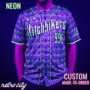 Haunted Mansion Disney Ride &#39;Hitchhikers&#39; Full-Button Baseball Fan Jersey NEON *CUSTOM*