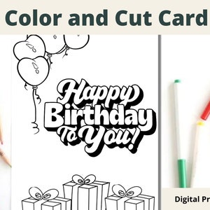 PRINTABLE Happy Birthday Coloring Card, Birthday Card for Kids, Birthday Color Your Own Card, DIY Print & Color