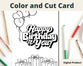 PRINTABLE Happy Birthday Coloring Card, Birthday Card for Kids, Birthday Color Your Own Card, DIY Print & Color
