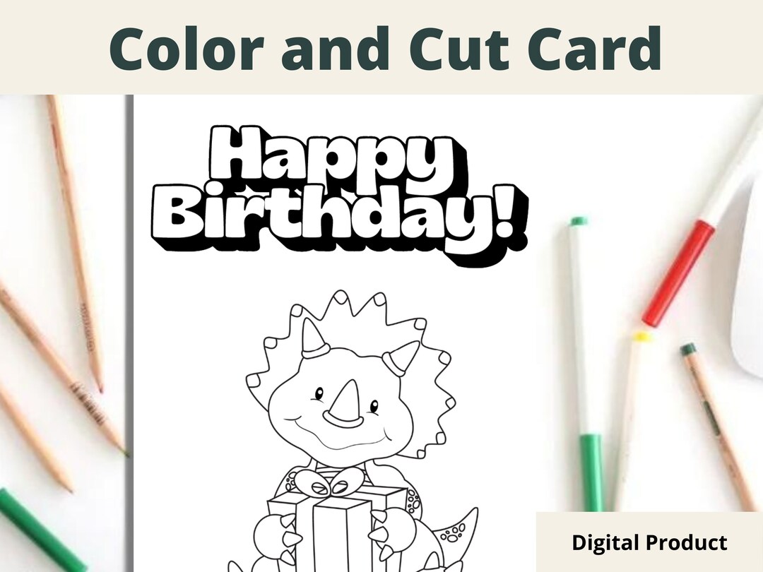 Printable Dinosaur Birthday Coloring Card for Kids. DIY Card. Craft ...