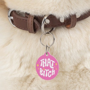 Op de afbeelding: Ronde roze hondenhanger met de tekst "THAT BITCH" in witte letters met gouden glitteraccenten. De hanger is bevestigd aan een zilveren ketting en een bruine leren hondenriem.