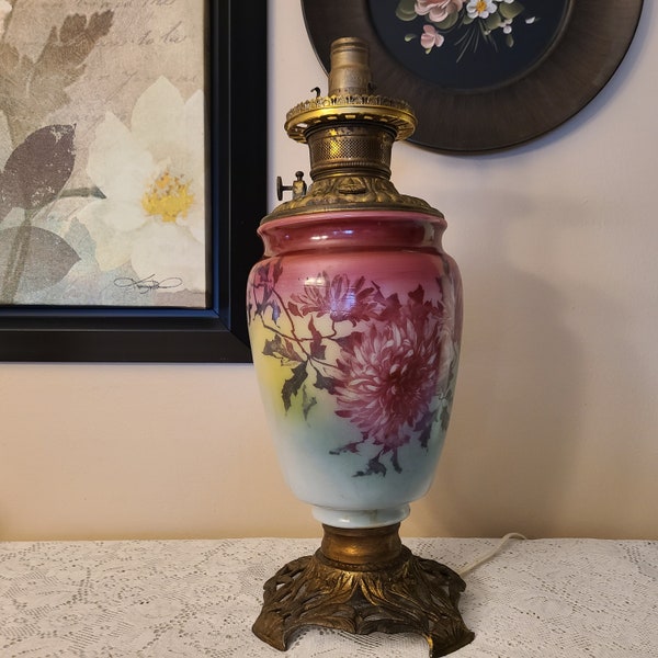 Gone with the Wind Style Antique Oil Lamp Converted to electric Hand painted  Floral tall Lamp