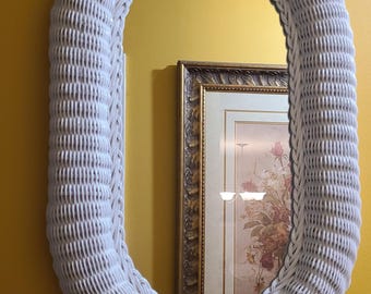 Vintage White Wicker Oval Mirror Size 28 ” X 18 ” Rattan Boho Cottage