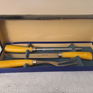 Vintage Sheffield Cutlery Carving Knife Set with Butterscotch Bakelite Handles