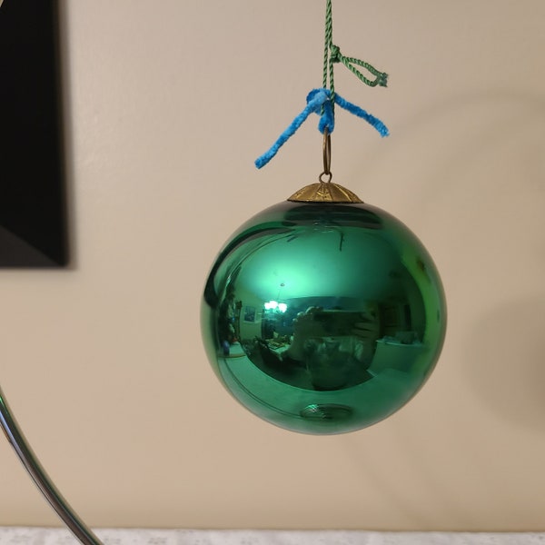 Large Christmas Ornament Green Glass Ball Mercury Beehive Cap