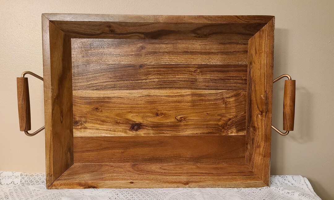 Acacia Wood Serving Tray With Handles Rectangular Decorative Ottoman ...