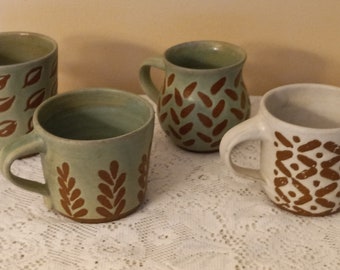 Ceramic Leaf and Fern Design Mugs Coffee/ Tea Cups  Set of 4