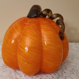 Hand Blown Art Glass Murano Style Orange Swirl Pumpkin Curly Amber Stem
