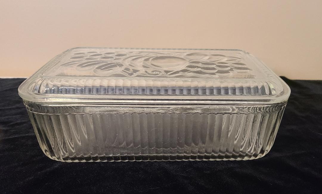 VTG Federal Glass Ribbed Refrigerator Dish With Lid Embossed Fruit 5” X ...