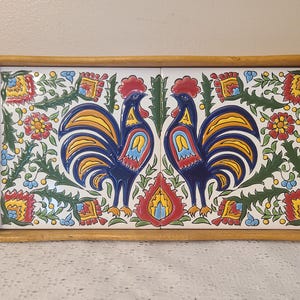 Wooden Serving Tray With Hand Painted Rooster Ceramic Tiles 13"x6.5"