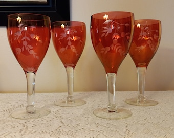 Cranberry Etched Wine Glasses Goblets w/Etched Floral Design  Set of 4