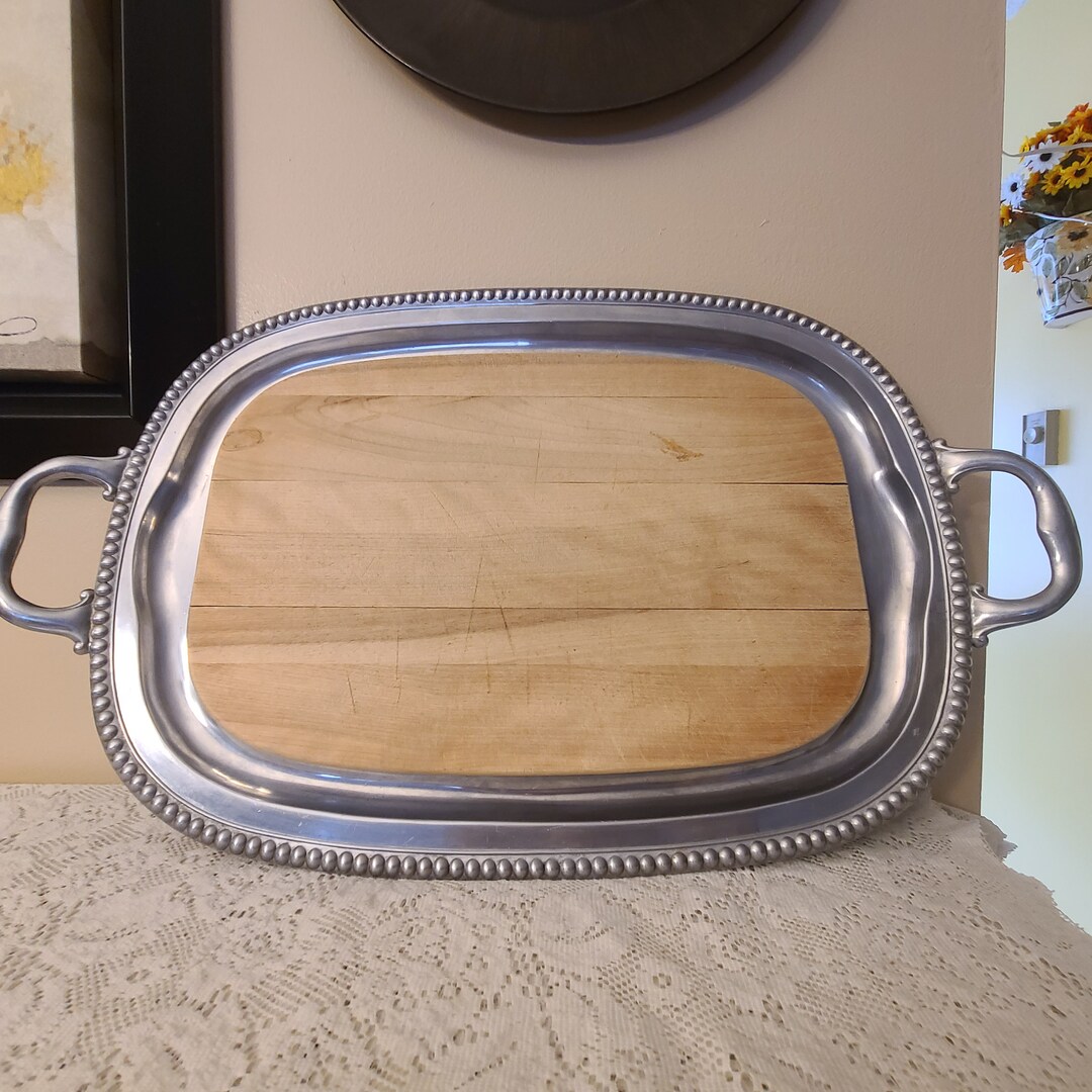 Vintage Silver Serving Tray With Handles and Wood Carving Board Insert