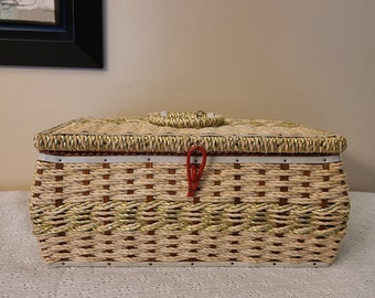 Vintage Woven Wicker Sewing Basket w/ Orange Satin Interior