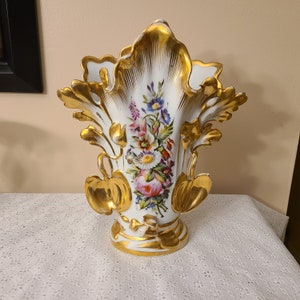 French Antique Hand Painted Porcelain Bridal Wedding Vase 11.5&quot; Gold Gilded
