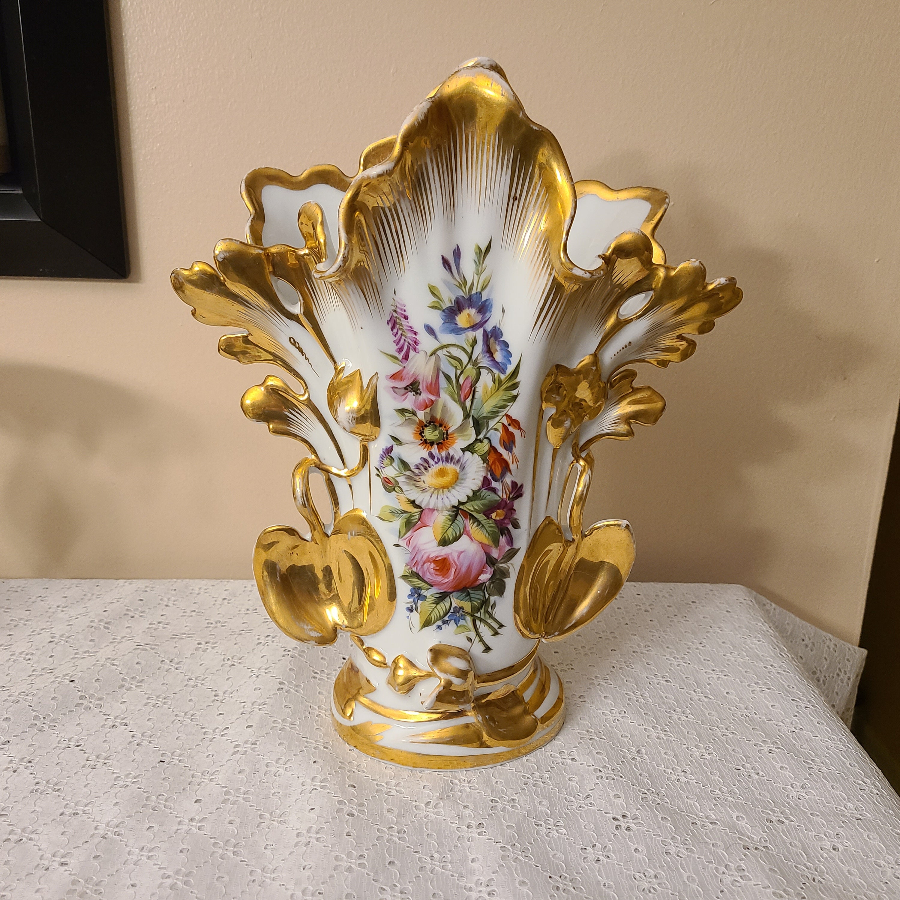 French Antique Hand Painted Porcelain Bridal Wedding Vase 11.5