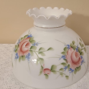 Hand Painted Floral Milk Glass Fluid Lamp Shade Light 9-7/8&quot; Pink Rose White