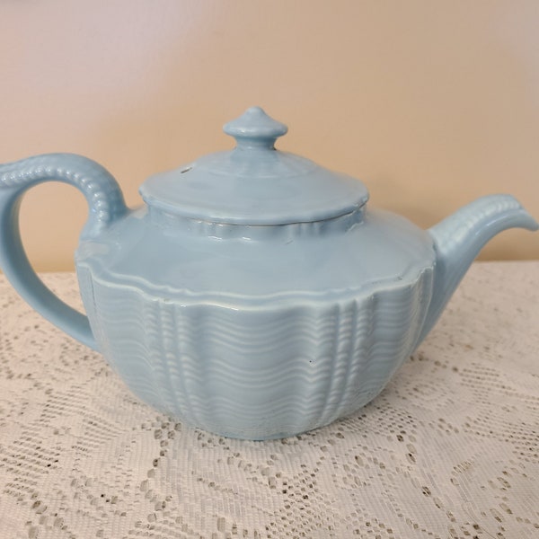 Vintage HALL Ceramic Teapot Darby Birch Light Aqua Blue 5.5" H VERY NICE