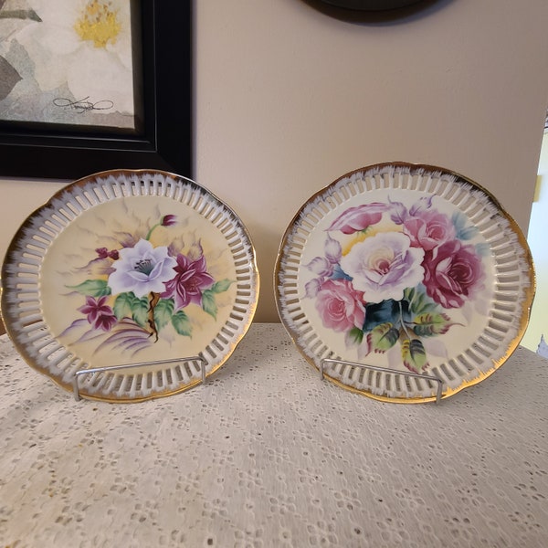 Napco Hand Painted Decorative Floral Plates with Gold Trim. Set of 2