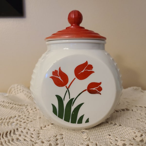 Vtg Grease Jar, White Milk Glass Fire King Vitrock TULIPS 7" Red Lid,