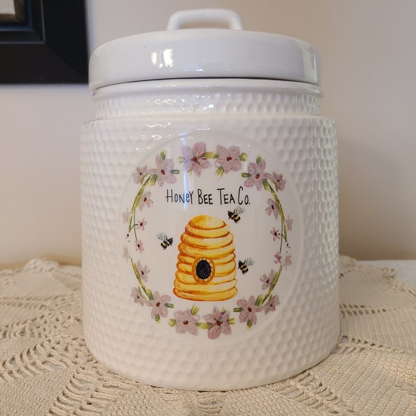 Honey Bee Tea Co 7 x 8.75 inch Dolomite Stoneware Canister Cookie Jar Container