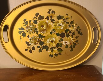 Gold Tole Hand Painted Floral Vintage Oval Tray with Handles