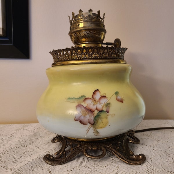 Antique Gone with the Wind Oil Lamp Base Hand Painted Original Font Electrified