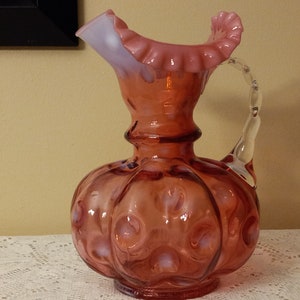 Cranberry Opalescent Coin Dot/Spot Optic Pitcher Ruffled Edge