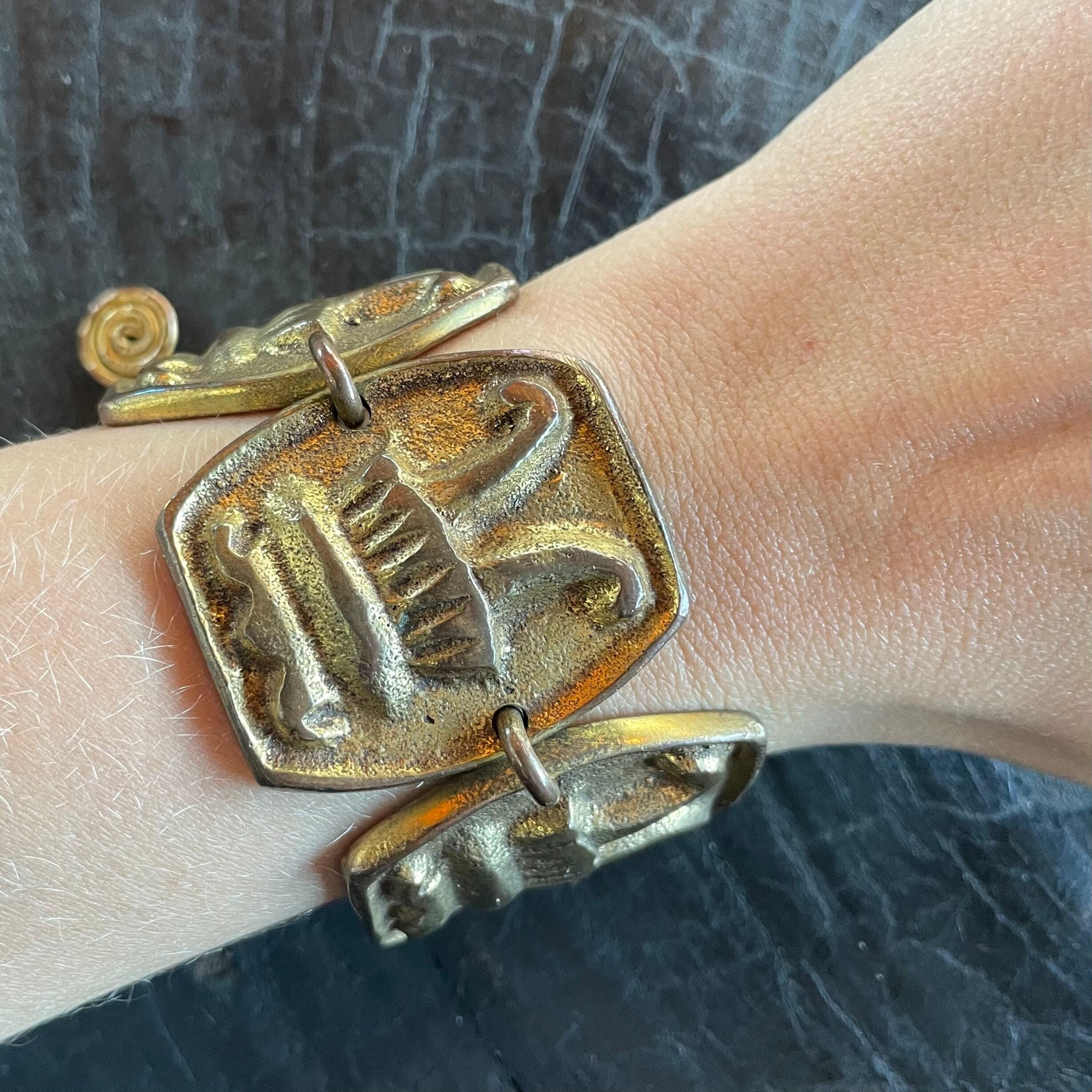 Bracelet Vintage Articulé Années 70 - Métal Doré Signé M BUFFET - Occasion