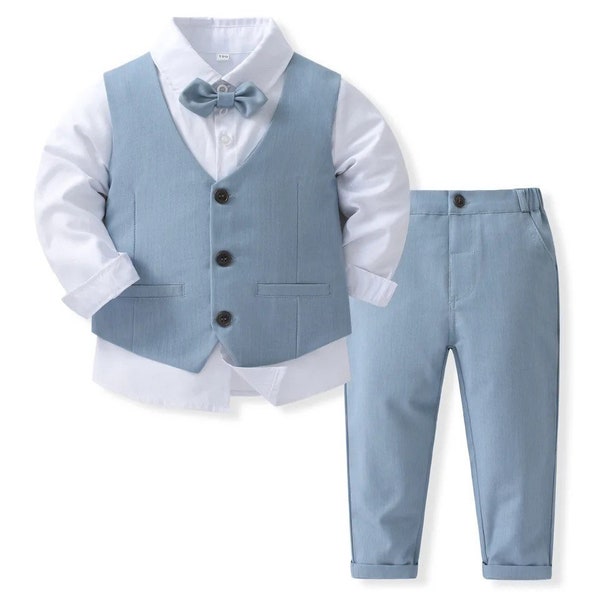 Children Formal Baby Boy Gentleman Style Wedding Birthday Shirt+Pants+Vest Long Sleeve Cotton Clothing Set Kids Suit Bow Tie