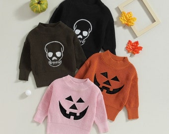 Toddler Halloween Style Baby Boys Girls Knitted Sweater Skull Embroidery Pullover Long Sleeve Winter Top