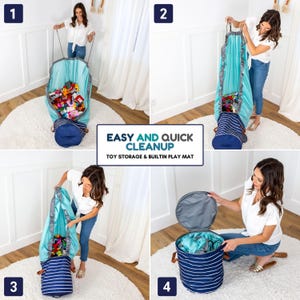 Puede incluir: Una bolsa de almacenamiento de juguetes turquesa con cierre de cord&oacute;n, llena de juguetes. La bolsa tiene una base a rayas azul marino y una alfombra de juego incorporada. Se muestra el texto "EASY AND QUICK CLEANUP".