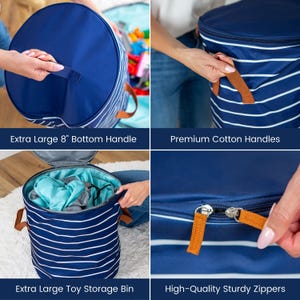 Puede incluir: Un contenedor de almacenamiento de juguetes extragrande a rayas azul marino y blanco con tapa. Incluye un asa inferior, asas de algod&oacute;n y cremalleras resistentes de alta calidad. El contenedor est&aacute; dise&ntilde;ado para guardar juguetes y otros art&iacute;culos.
