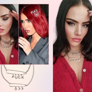 Megan Fox inspirierter handgemachter Zauber FUCK OFF Kettenhalsketten-Set - Schimpfwort Multi Layer Edelstahl Silber Ketten Punk Unisex Halskette