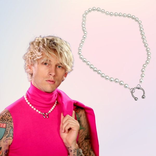 Machine Gun Kelly inspiré fer à cheval fermoir collier de perles - perle argent Punk unisexe MGK collier porté aux VMA 2020