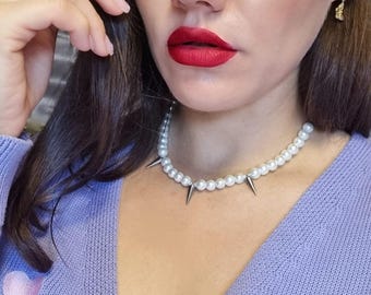 Machine Gun Kelly Inspired Handmade Pearl Necklace With Spikes