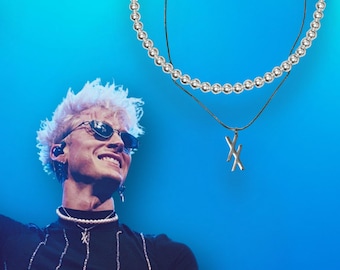 Collana di perle ispirata a Machine Gun Kelly / Collana unisex con catena MGK XX / Pacchetto collana con perle e catena / Regalo per i fan di MGK