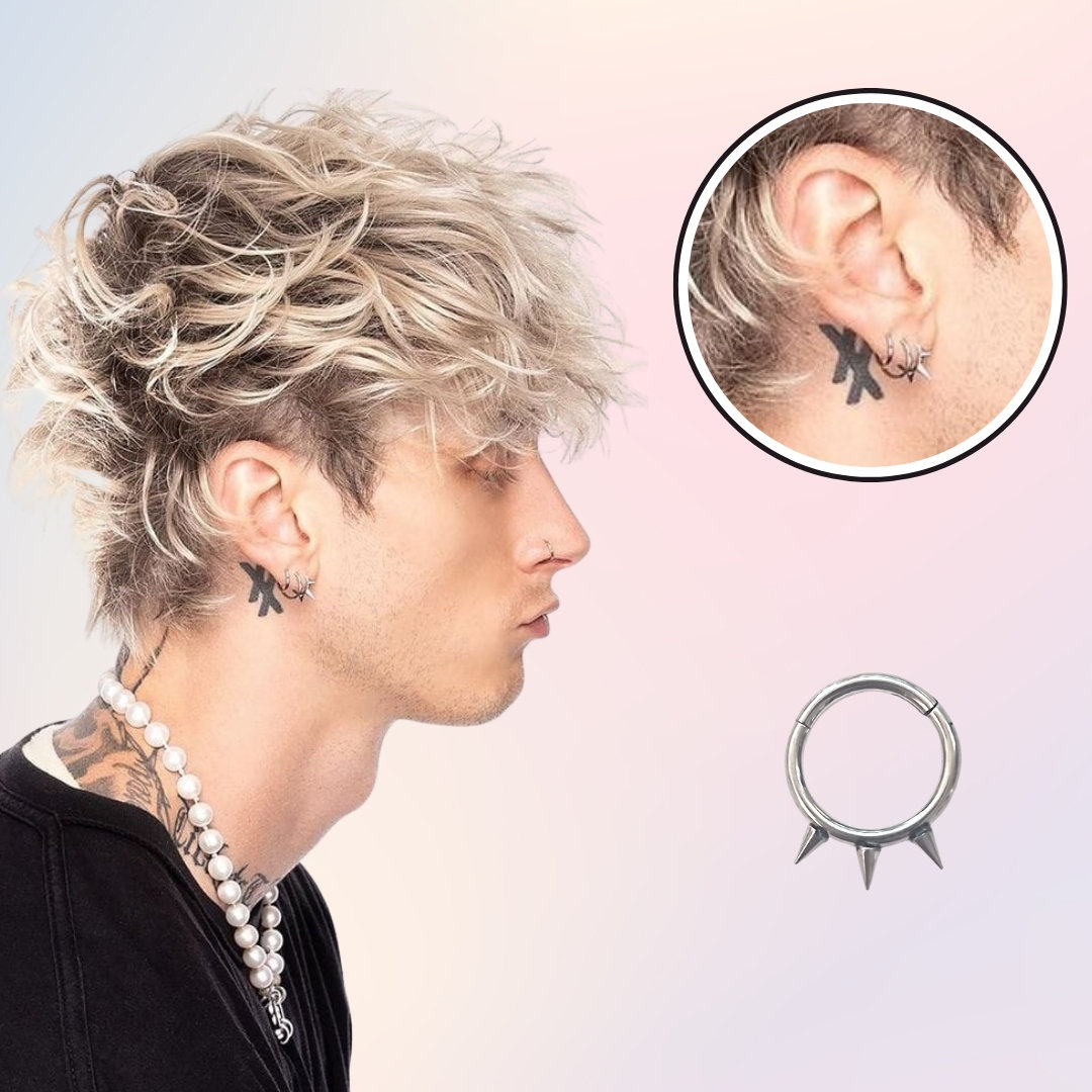 【ほぅ】＊SALE＊彫刻ドロップシェル大粒イヤリング Machine Gun Kelly Inspired Punk Unisex Spiked Piercing Hoop