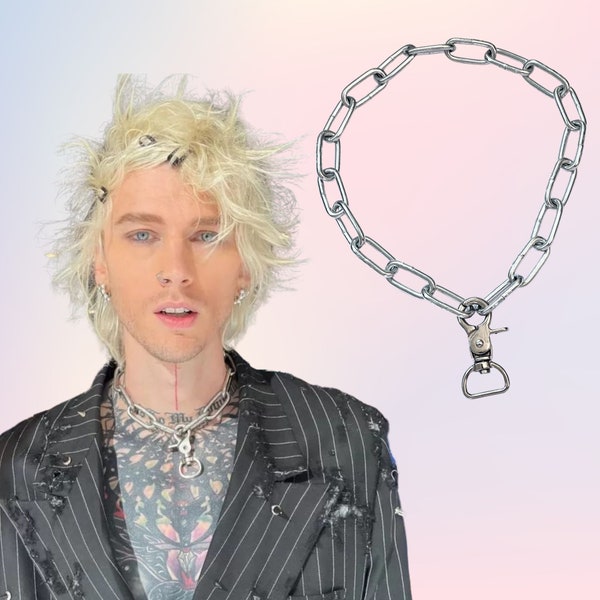 Machine Gun Kelly Inspired Handmade Chunky Chain Link Necklace - Stainless Steel Silver Punk Unisex MGK Necklace worn at the 2022 AMAs