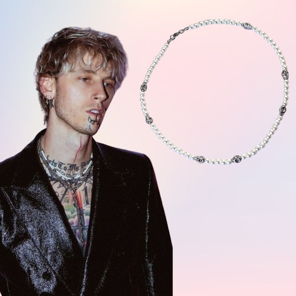 Machine Gun Kelly Inspired Handmade Pearl Necklace with Skulls - Pearl Silver Punk Unisex MGK Necklace worn at the UN/DN Laqr Launch Event