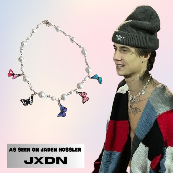 Como se ve en JXDN Collar de perlas hecho a mano con mariposas - Collar unisex punk de plata perla - Usado por JXDN en The Paramount, NY, 2023