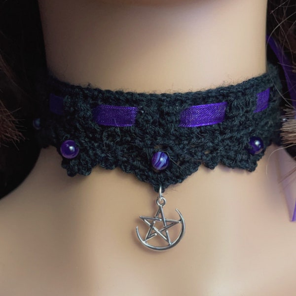 Crochet Choker Lace Gothic Collar with Gemstones | Day Collar | Handmade Vintage Inspired Lace Choker with Ribbon | Cosplay | Halloween