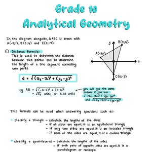 Könnte beinhalten: Ein Diagramm zeigt ein Dreieck mit den Punkten A(-3,1), B(2,4) und C(0,-3). Die Distanzformel wird mit einem Beispiel für die Berechnung der Distanz zwischen den Punkten A und B gezeigt. Die Formel wird verwendet, um Dreiecke und Vierecke anhand der Länge ihrer Seiten zu klassifizieren.