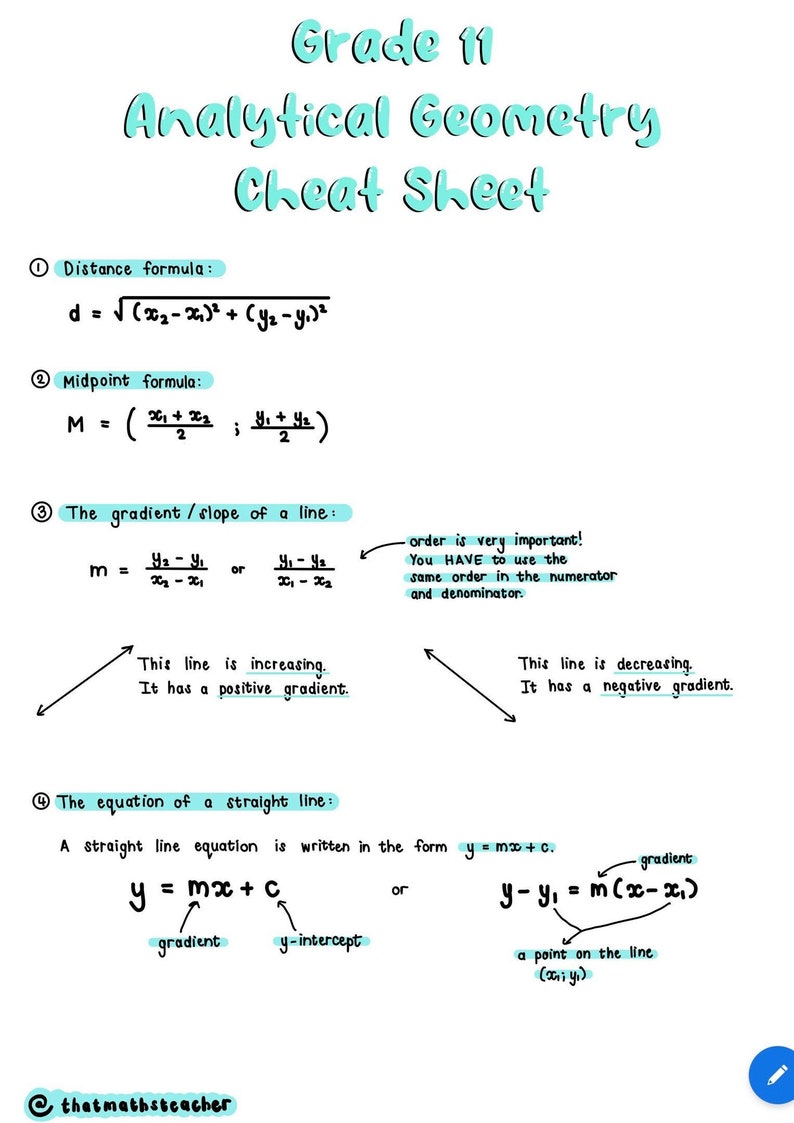 Grade 11 Analytical Geometry Cheat Sheet Etsy Hong Kong