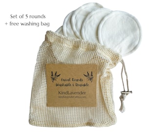 5 Reusable Cotton Bamboo Rounds | Bamboo Zero Waste Makeup Remover Pads with mesh laundry bag | Reusable Washable | Sustainable gift