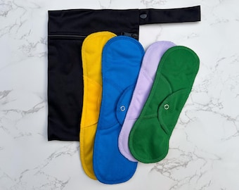 Set of 4 Organic Reusable Cloth Menstrual Pads plus Wet Bag / Made in USA / Organic Cotton / Snap Closure / Zero Waste / Create Your Set