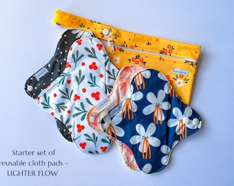 Lighter Flow Starter Set of 4 Reusable Cloth Menstrual Sanitary Pads – Light and Moderate Flow + FREE WET BAG by KindLavender
