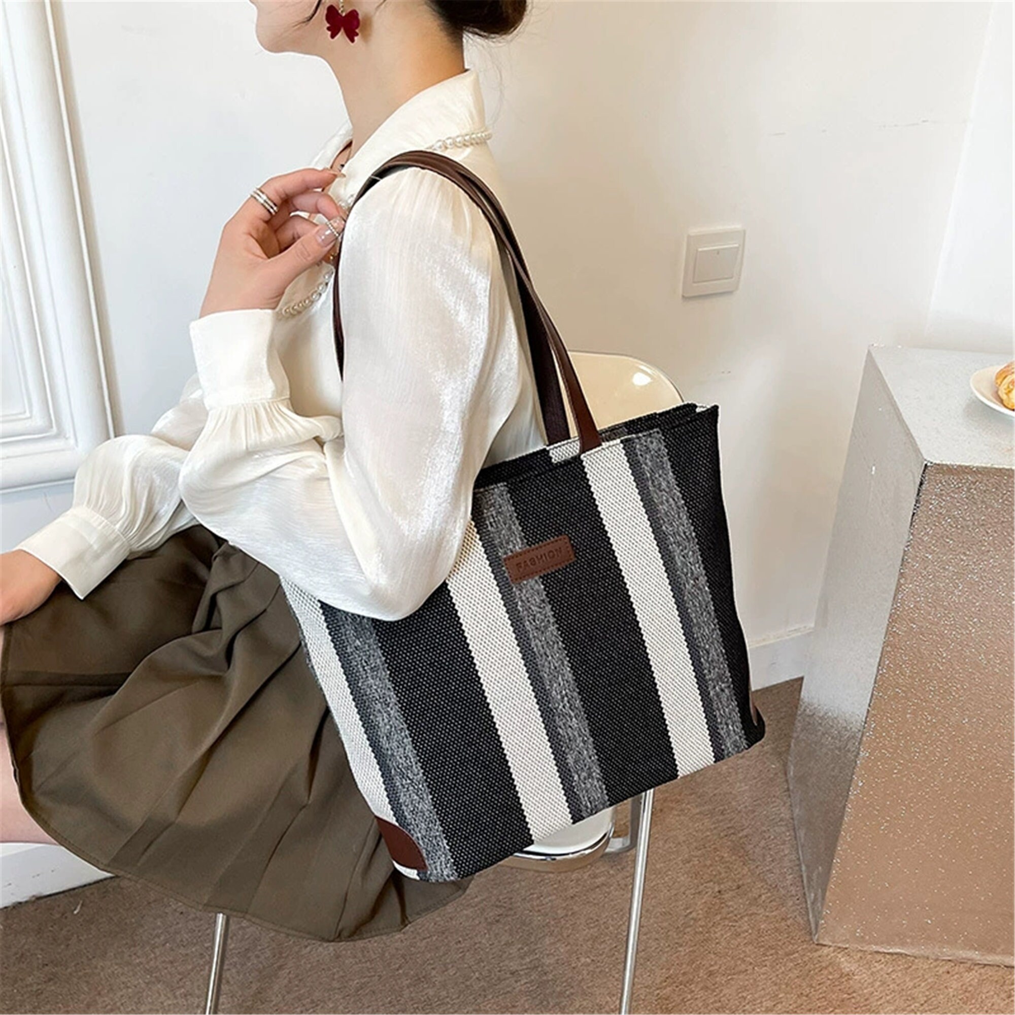 canvas striped tote bag