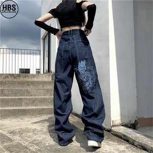 Retro Dragon Loose Jeans Vintage Baggy Jeans Women Wide - Etsy